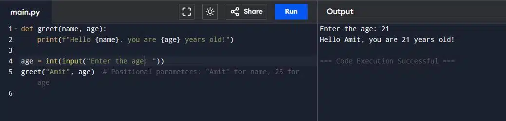 Write a program to print the name and age of the user in python