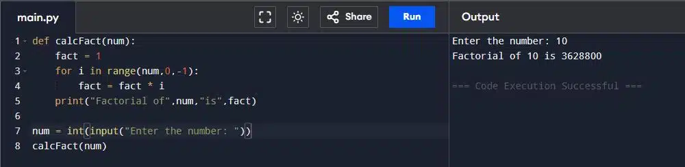 Write a program using a user defined function calcFact() to calculate and display the factorial of a number num passed as an argument.