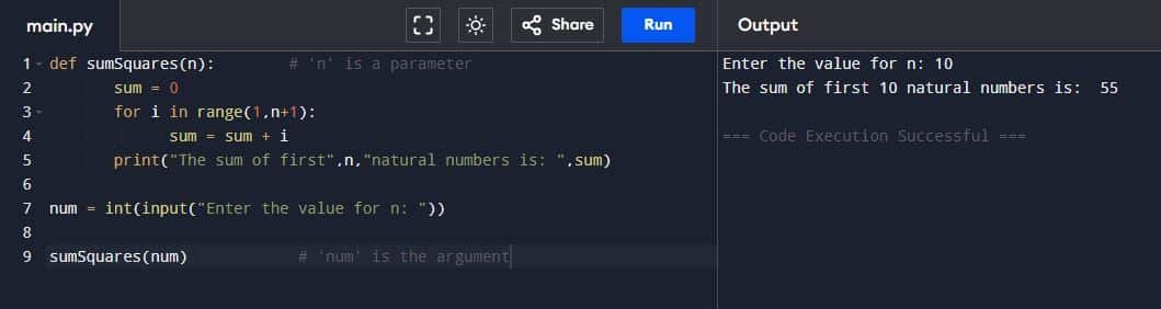 Computer Science Class 12 Functions Notes Write a program using a user defined function that displays sum of first n natural numbers, where n is passed as an argument.