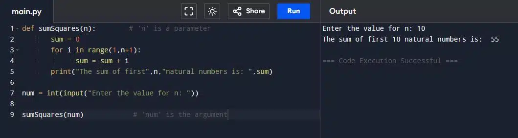 Write a program using a user defined function that displays sum of first n natural numbers, where n is passed as an argument.