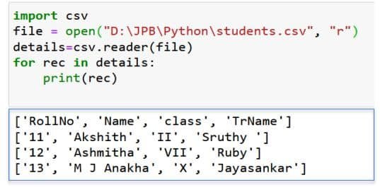 Python in AI Class 11 Notes Write a Program to open a csv file students.csv and display its details