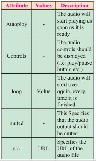 Attributes of audio tag