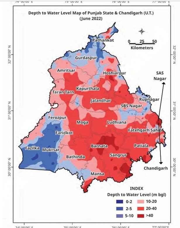Depth to water level map of Punjab and Chandigarh June 2022