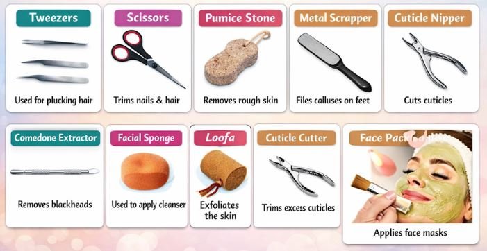 Equipment and material used in a beauty salon