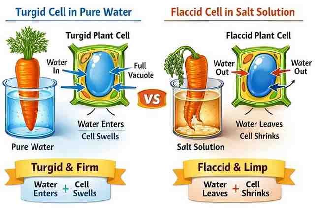 Turgid cell in pure water and flaccid cell in salt solution