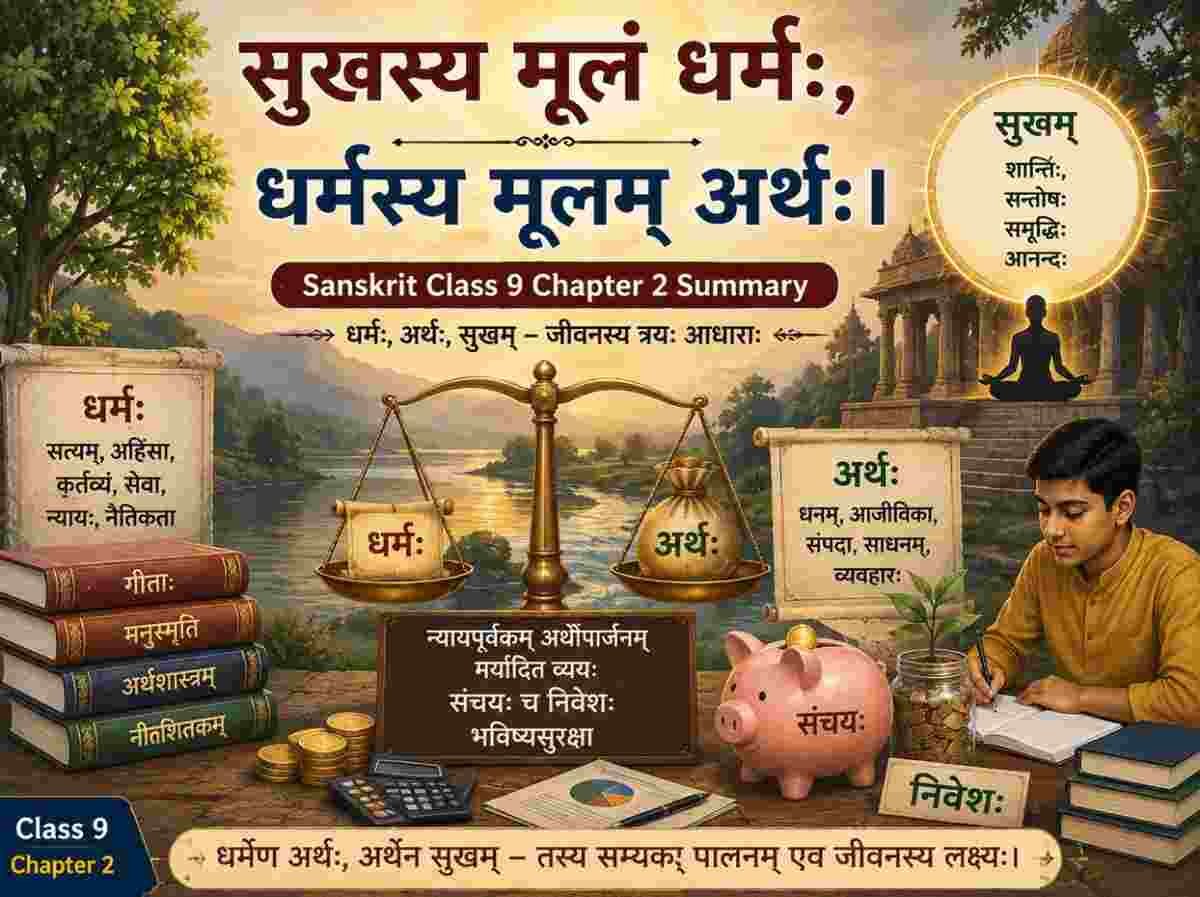 Sanskrit Class 9 Chapter 2 Summary Sharada सुखस्य मूलं धर्मः, धर्मस्य मूलम् अर्थः।