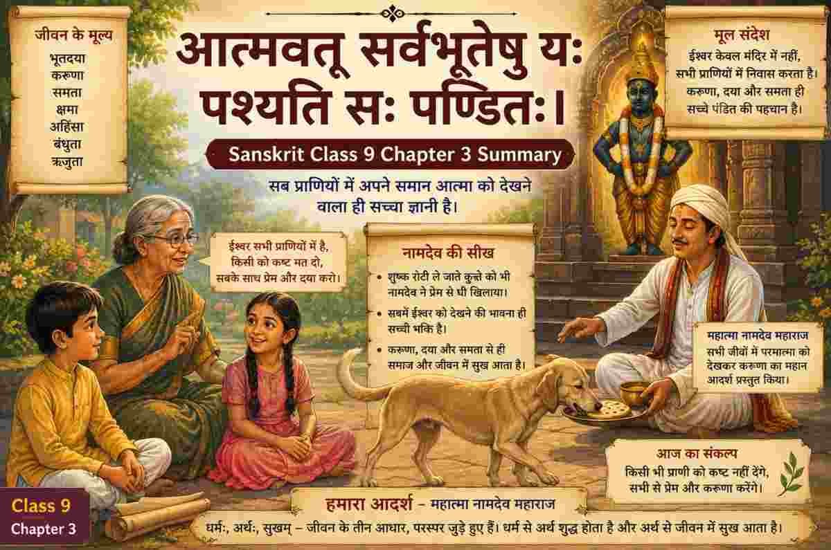 Sanskrit Class 9 Chapter 3 Summary Sharada आत्मवत् सर्वभूतेषु यः पश्यति सः पण्डितः।