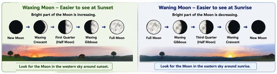 waxing Moon and waning Moon at the  time of sunset and sunrise