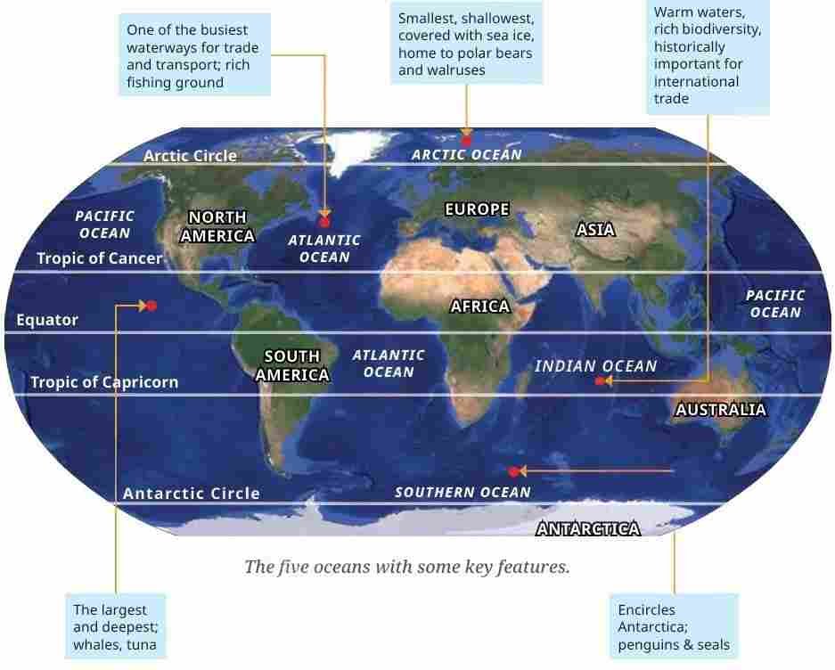 The five oceans with some key features.